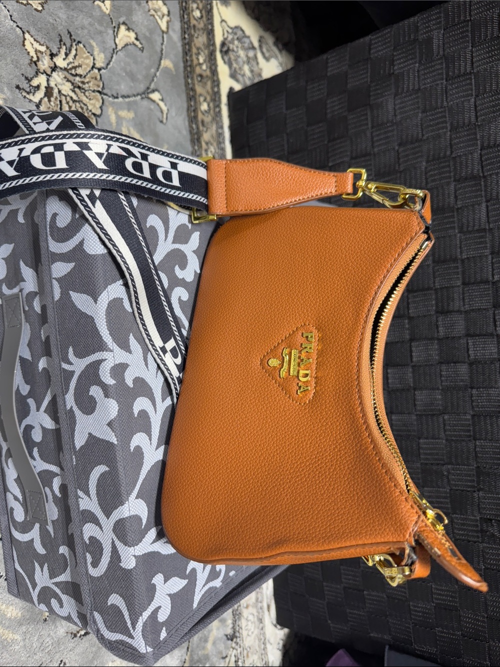 Prada Orange Saffiano Leather Crossbody with Black-and-White Logo Strap - Picture 3 of 4